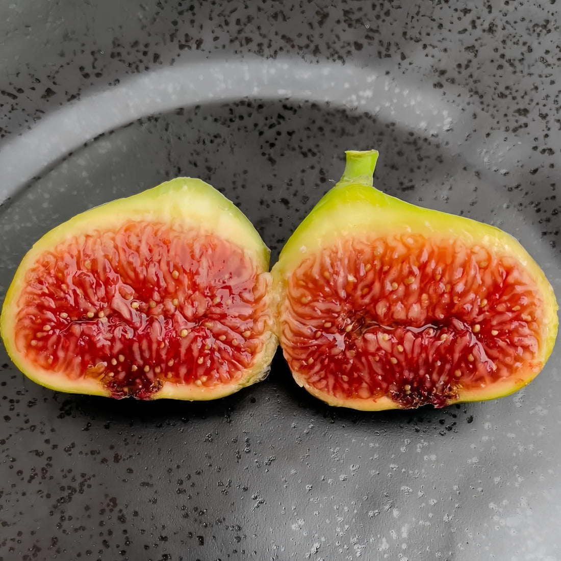 Rubado Fig Tree bearing gray-skinned figs with rich red interior.