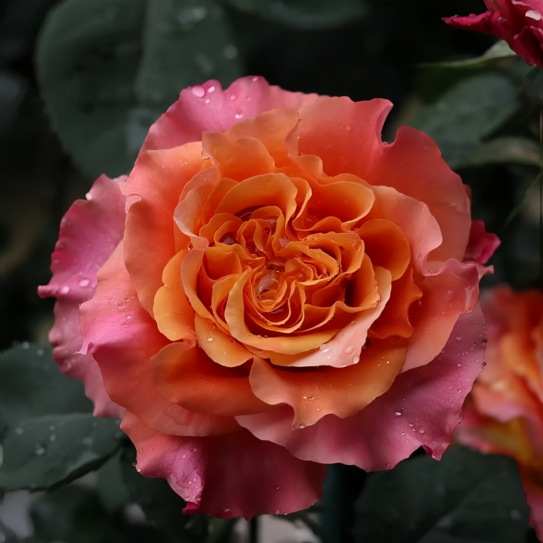 Close-up of Free Spirit Rose with vibrant orange and coral tones transitioning to soft pink petals